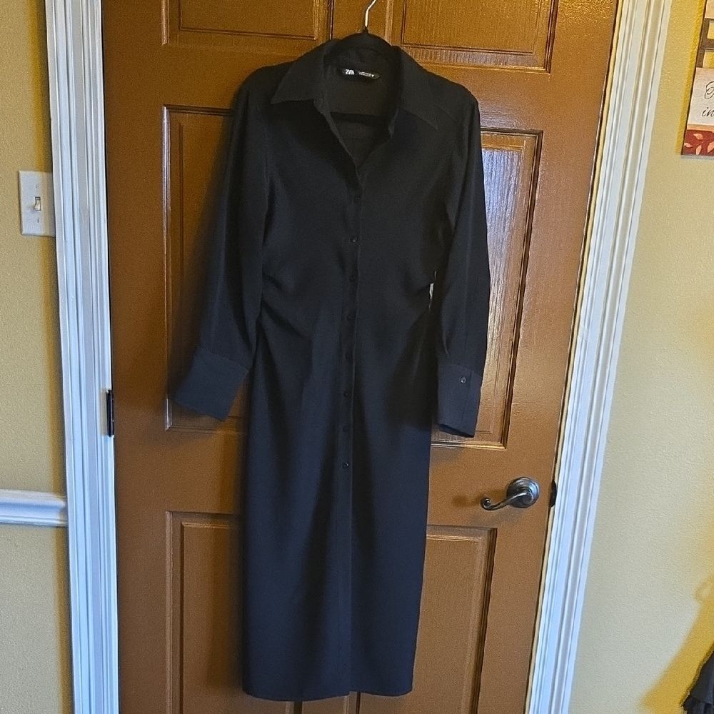 Zara-Black long shirt dress collared, long sleeved,buttons down front Sz S